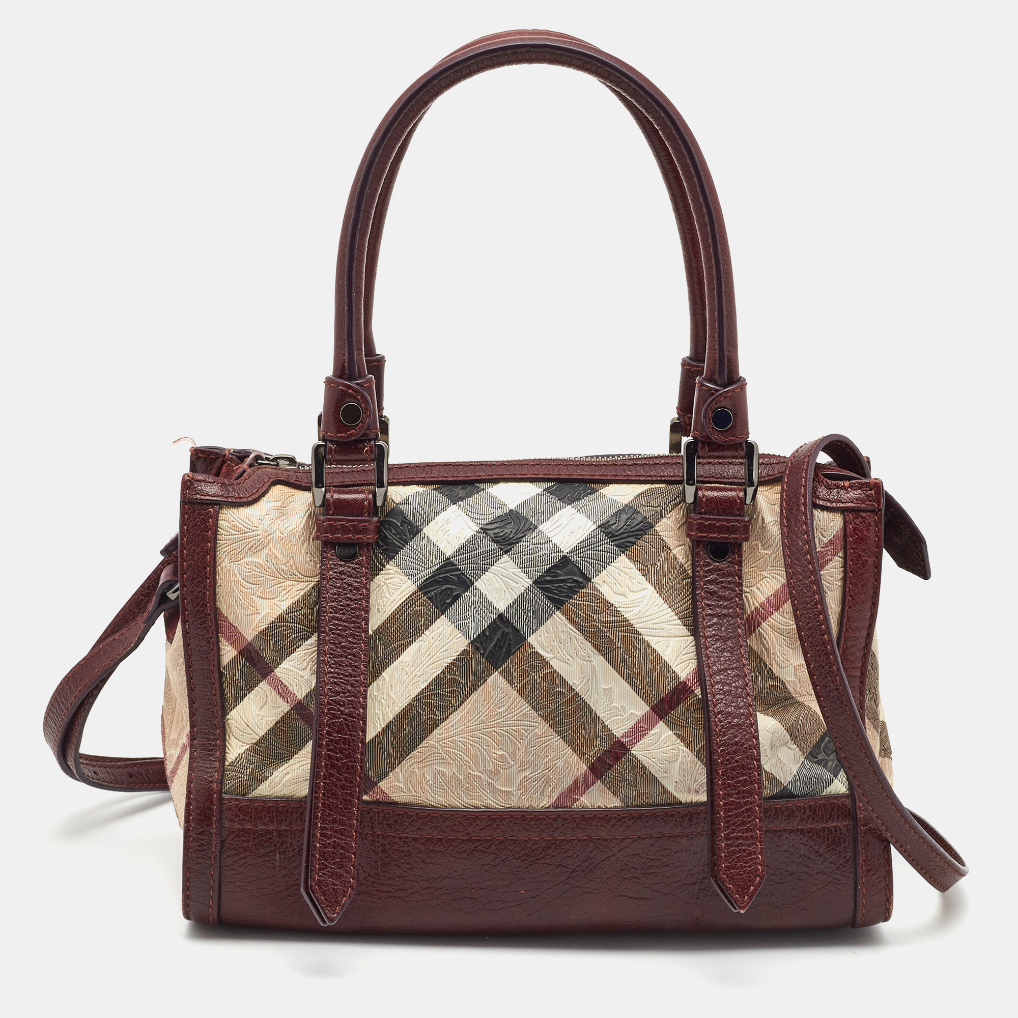 Burberry Dark Red/Beige Nova Check Floral Embossed Pvc And Leather Satchel